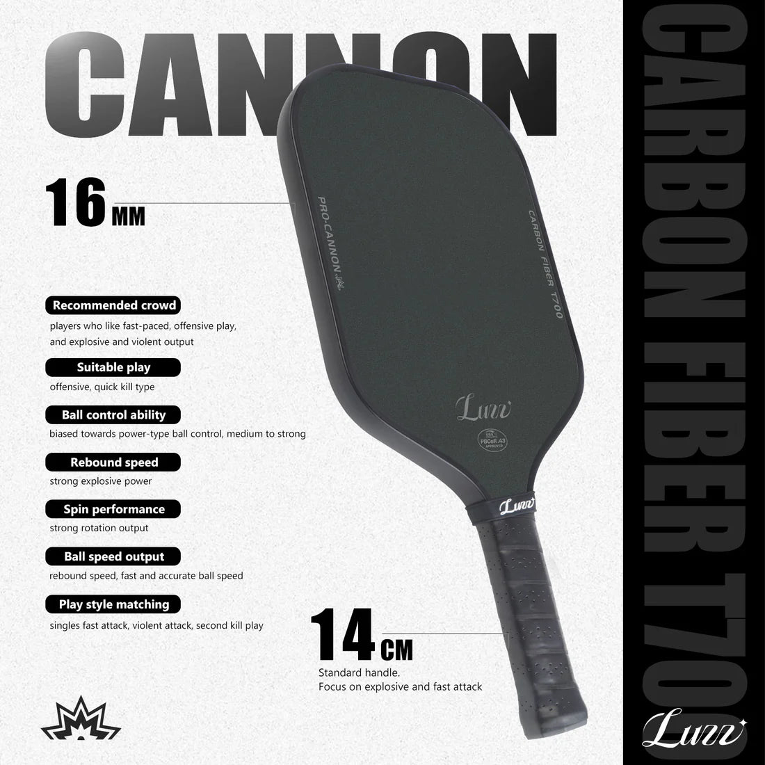 Luzzpickleball Cannon Paddle – T700 Carbon Friction Surface (Thermoformed)